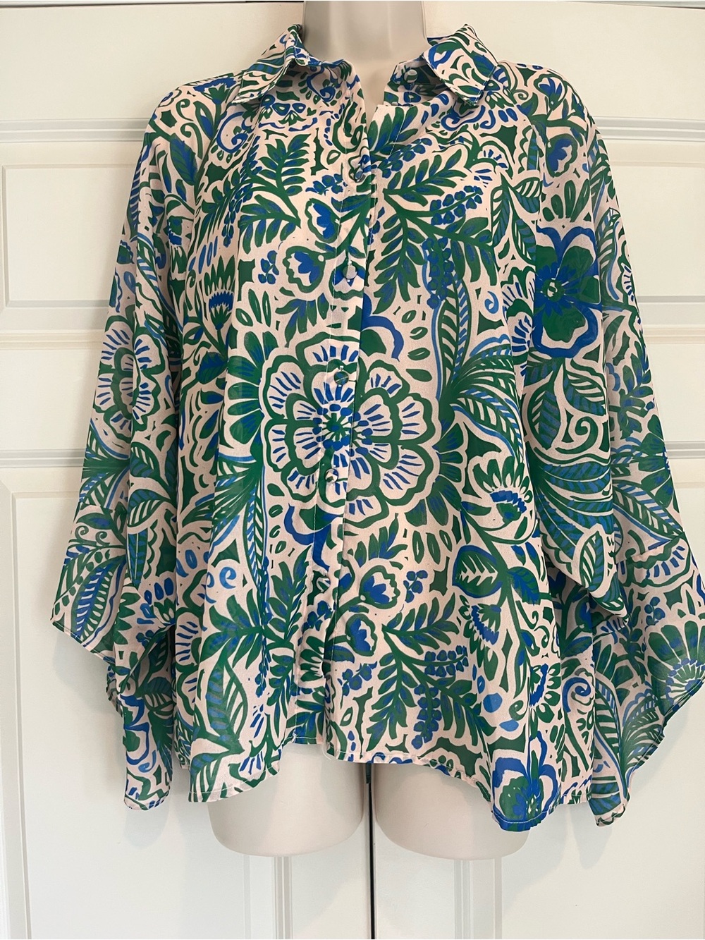 Flying Tomato Floral Print flutter Sleeve Top Green & Blue Size Medium